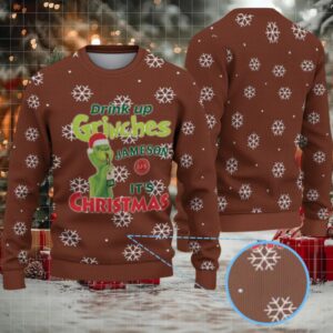 Brown White Snowflake Pattern “Drink Up Grinches – It’s Christmas” Ugly Christmas Sweater Featuring Jameson Irish Whiskey