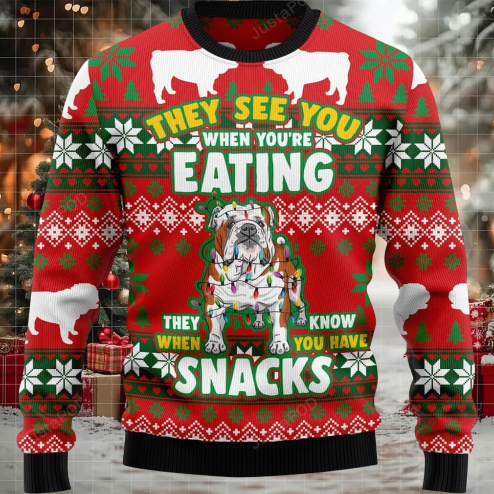 Bulldog They See You When You’re Eating Snacks Ugly Christmas Sweater