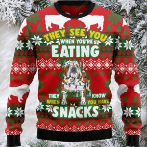 Bulldog They See You When You’re Eating Snacks Ugly Christmas Sweater