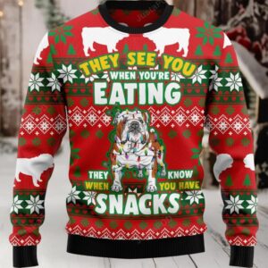 Bulldog They See You When You’re Eating Snacks Ugly Christmas Sweater