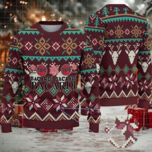 Burgundy Fair Isle Reindeer & Poinsettia Bacardi Ugly Christmas Sweater