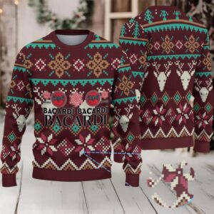 Burgundy Fair Isle Reindeer & Poinsettia Bacardi Ugly Christmas Sweater