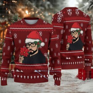 Burgundy Fair Isle Snowflake Ugly Christmas Sweater Bad Bunny in Santa Hat with Poinsettia and Winter Pattern
