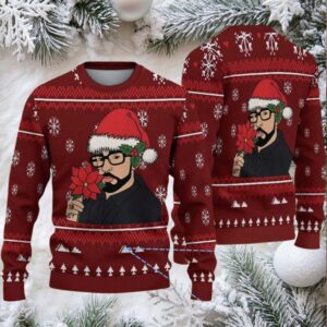 Burgundy Fair Isle Snowflake Ugly Christmas Sweater Bad Bunny in Santa Hat with Poinsettia and Winter Pattern