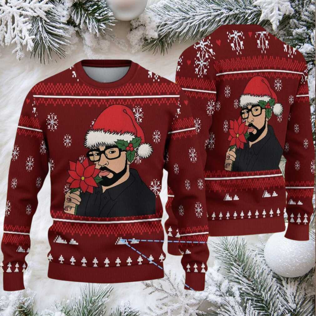 Burgundy Fair Isle Snowflake Ugly Christmas Sweater Bad Bunny in Santa Hat with Poinsettia and Winter Pattern Burgundy Fair Isle Snowflake Ugly Christmas Sweater Bad Bunny in Santa Hat with Poinsettia and Winter Pattern