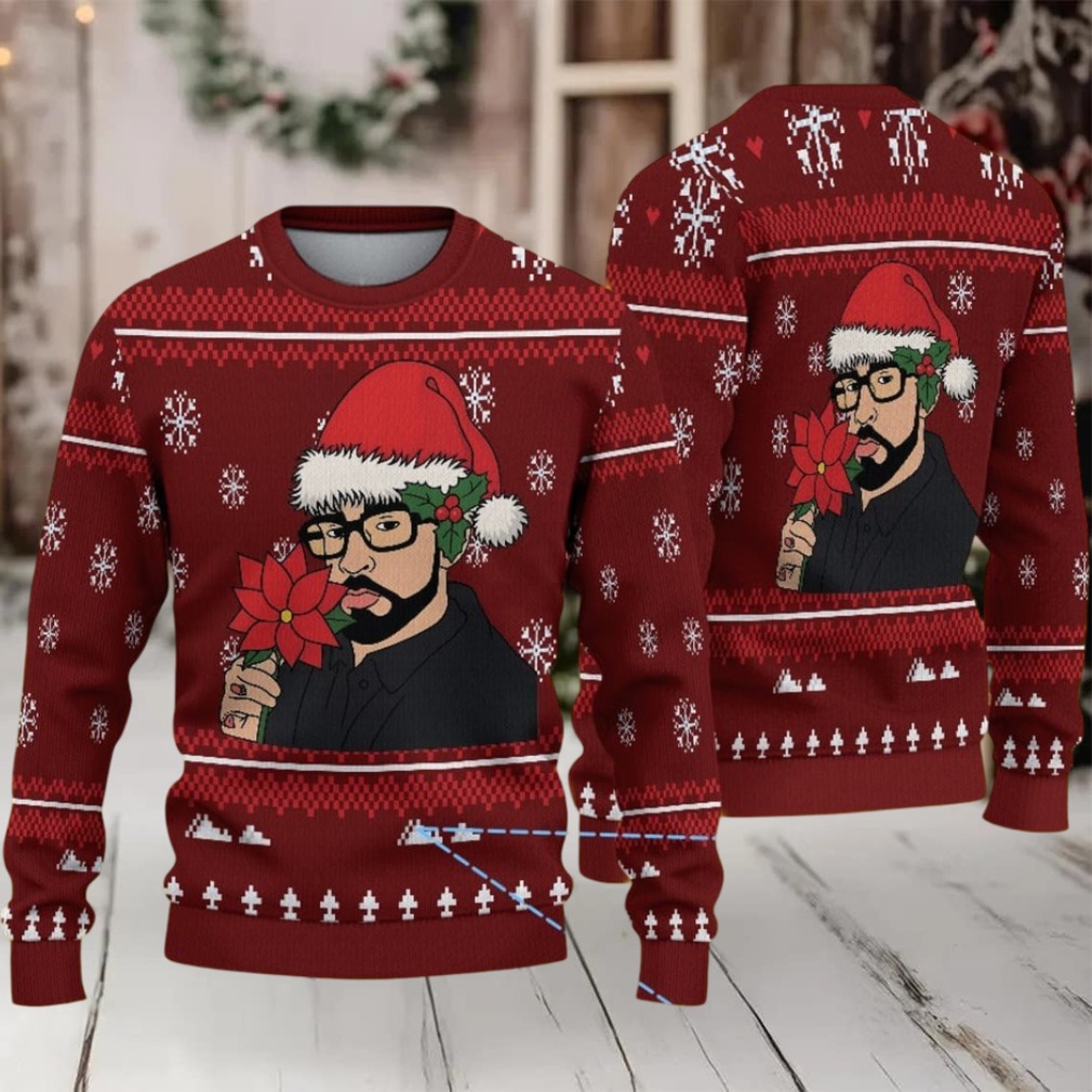Burgundy Fair Isle Snowflake Ugly Christmas Sweater Bad Bunny in Santa Hat with Poinsettia and Winter Pattern Burgundy Fair Isle Snowflake Ugly Christmas Sweater Bad Bunny in Santa Hat with Poinsettia and Winter Pattern