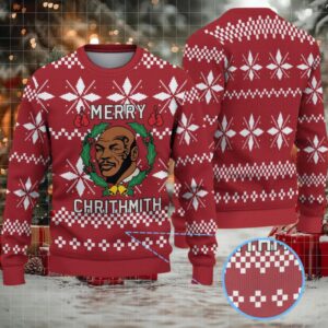 Burgundy Fair Isle Snowflake Ugly Christmas Sweater Mike Tyson Wreath and Boxing Gloves