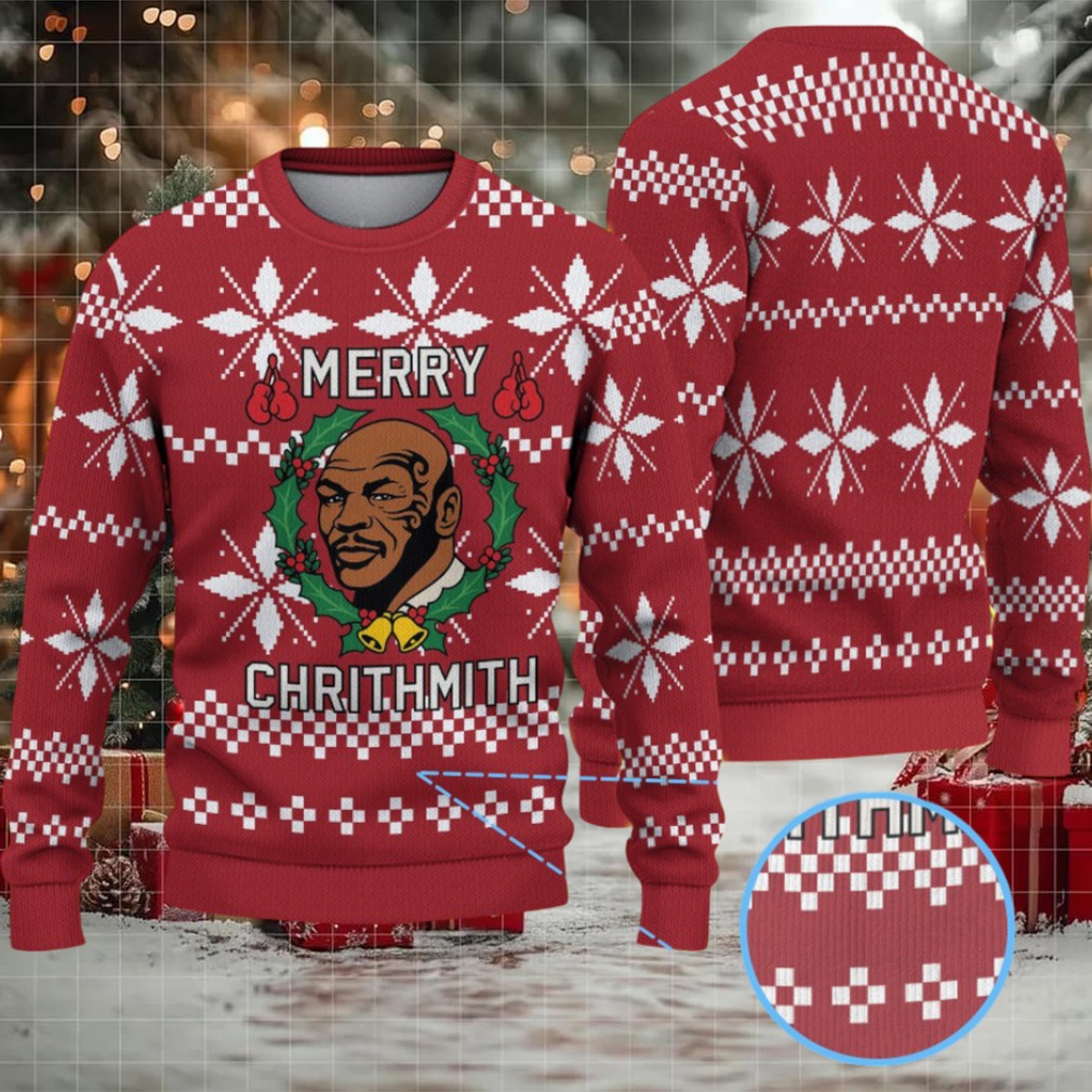 Burgundy Fair Isle Snowflake Ugly Christmas Sweater Mike Tyson Wreath and Boxing Gloves