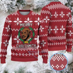 Burgundy Fair Isle Snowflake Ugly Christmas Sweater Mike Tyson Wreath and Boxing Gloves