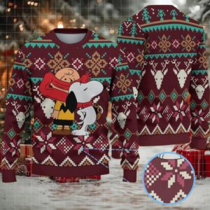 Burgundy Fair Isle Ugly Christmas Sweater Snoopy and Charlie Brown Hug Snowflake and Reindeer Pattern