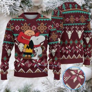 Burgundy Fair Isle Ugly Christmas Sweater Snoopy and Charlie Brown Hug Snowflake and Reindeer Pattern