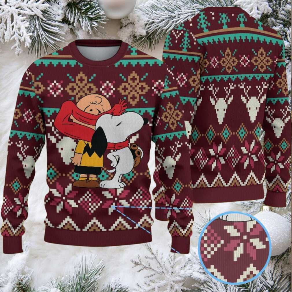 Burgundy Fair Isle Ugly Christmas Sweater Snoopy and Charlie Brown Hug Snowflake and Reindeer Pattern