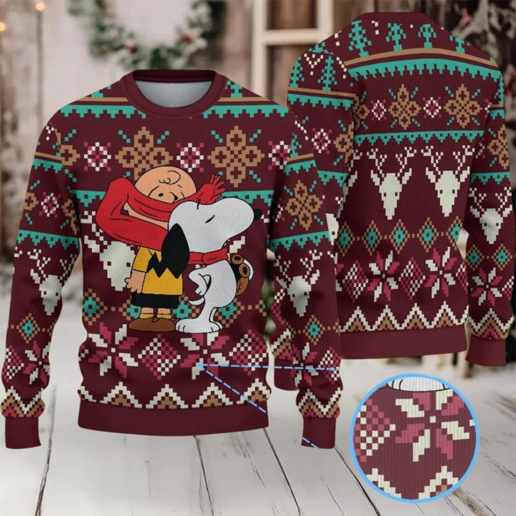 Burgundy Fair Isle Ugly Christmas Sweater Snoopy and Charlie Brown Hug Snowflake and Reindeer Pattern Burgundy Fair Isle Ugly Christmas Sweater Snoopy and Charlie Brown Hug Snowflake and Reindeer Pattern