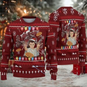 Burgundy Fair Isle Ugly Christmas Sweater Stranger Things Eleven and Demogorgon with Waffle Christmas Lights and Snowflake Pattern