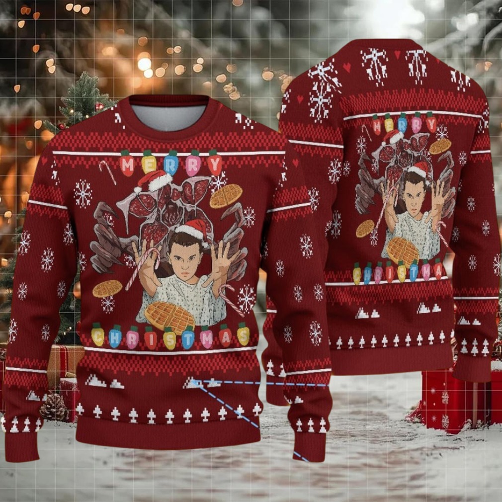 Burgundy Fair Isle Ugly Christmas Sweater Stranger Things Eleven and Demogorgon with Waffle Christmas Lights and Snowflake Pattern