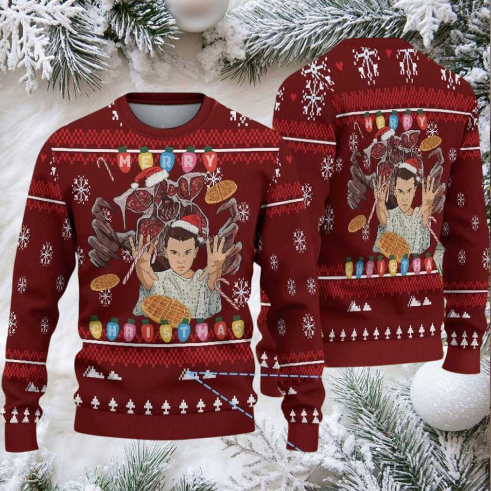Burgundy Fair Isle Ugly Christmas Sweater Stranger Things Eleven and Demogorgon with Waffle Christmas Lights and Snowflake Pattern