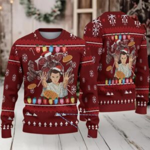 Burgundy Fair Isle Ugly Christmas Sweater Stranger Things Eleven and Demogorgon with Waffle Christmas Lights and Snowflake Pattern