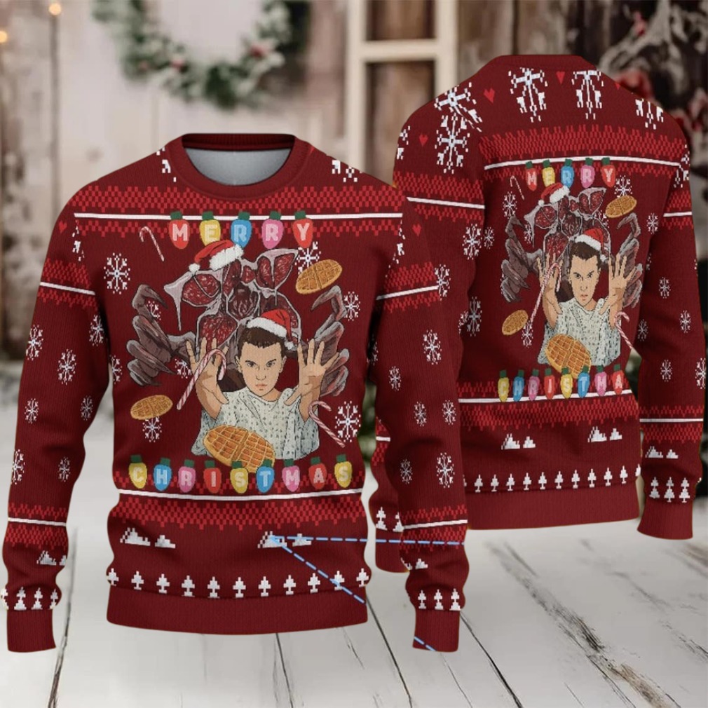 Burgundy Fair Isle Ugly Christmas Sweater Stranger Things Eleven and Demogorgon with Waffle Christmas Lights and Snowflake Pattern Burgundy Fair Isle Ugly Christmas Sweater Stranger Things Eleven and Demogorgon with Waffle Christmas Lights and Snowflake Pattern