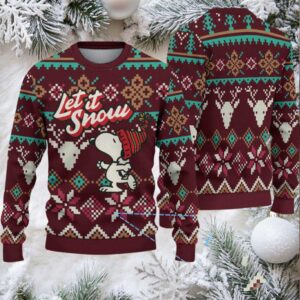Burgundy Fair Isle Ugly Christmas Sweater – Snoopy in Red Beanie with Reindeer and Snowflake Pattern