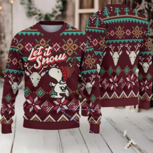 Burgundy Fair Isle Ugly Christmas Sweater – Snoopy in Red Beanie with Reindeer and Snowflake Pattern