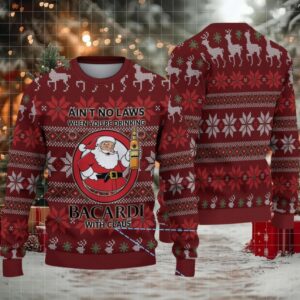 Burgundy Poinsettia & Snowflake Fair Isle Bacardi “With Claus” Ugly Christmas Sweater