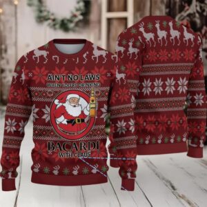Burgundy Poinsettia & Snowflake Fair Isle Bacardi “With Claus” Ugly Christmas Sweater
