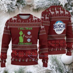 Burgundy Reindeer & Snowflake Knit “Busch Light Grinch Everywhere” Ugly Christmas Sweater