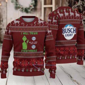 Burgundy Reindeer & Snowflake Knit “Busch Light Grinch Everywhere” Ugly Christmas Sweater