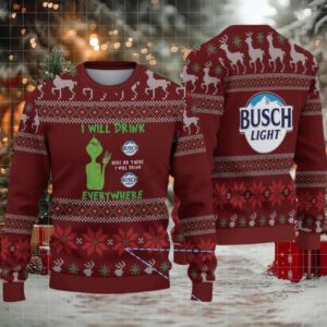Burgundy Reindeer & Snowflake Knit “Busch Light Grinch Everywhere” Ugly Christmas Sweater