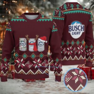 Burgundy, Teal & Cream Snowflake Pattern “Busch Light Holiday Cans” Ugly Christmas Sweater