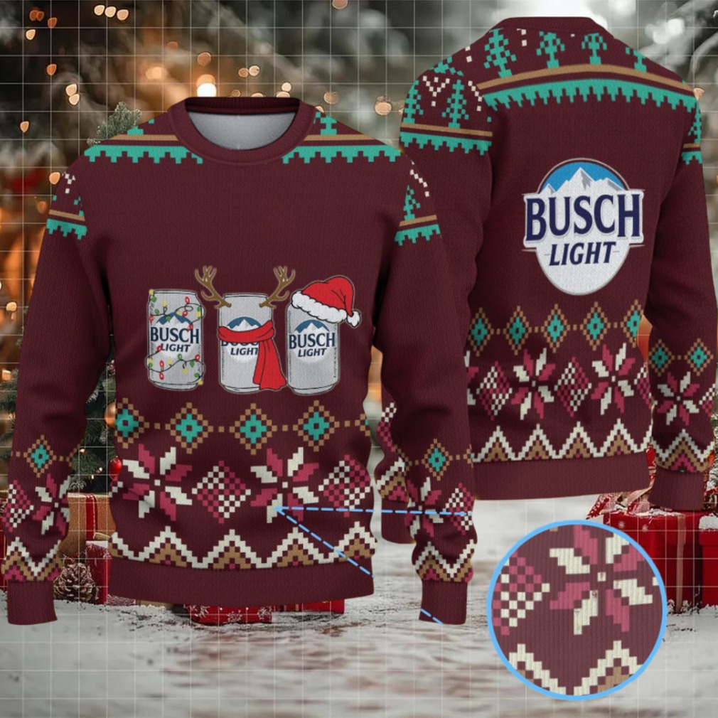 Burgundy, Teal & Cream Snowflake Pattern “Busch Light Holiday Cans” Ugly Christmas Sweater Burgundy, Teal & Cream Snowflake Pattern “Busch Light Holiday Cans” Ugly Christmas Sweater