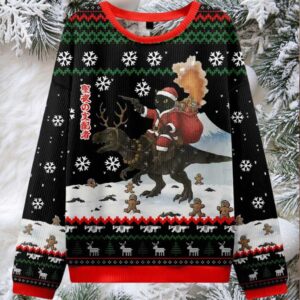 Cat Riding A Dinosaur Ugly Christmas Sweater