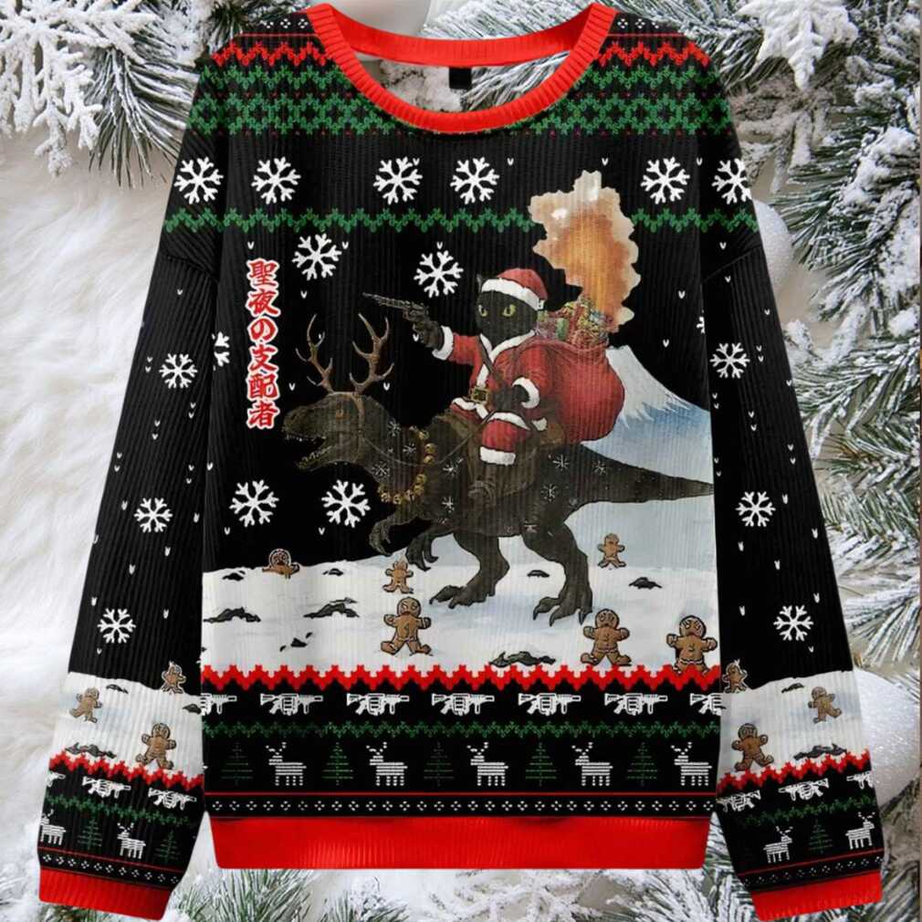 Cat Riding A Dinosaur Ugly Christmas Sweater