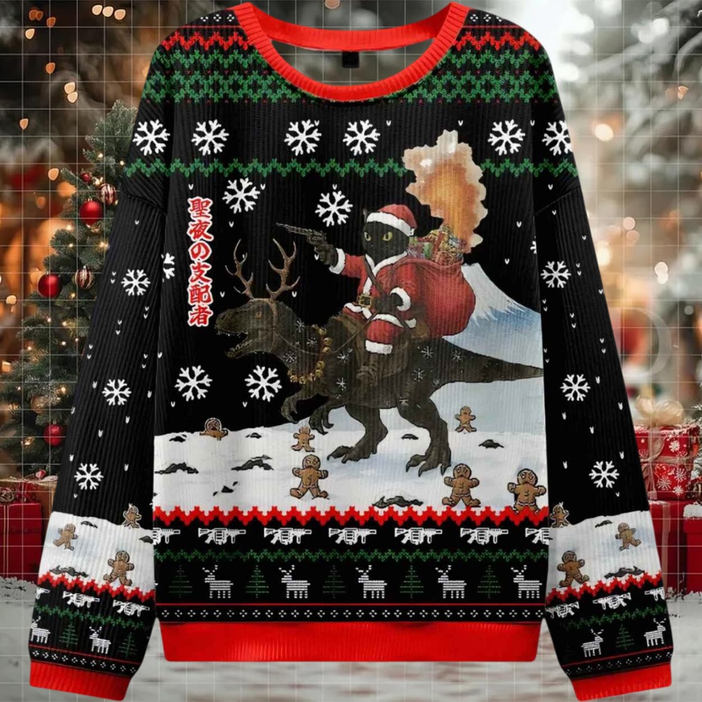 Cat Riding A Dinosaur Ugly Christmas Sweater