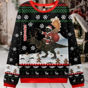 Cat Riding A Dinosaur Ugly Christmas Sweater