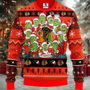 Chicago Blackhawks 12 Grinch Xmas Day Ugly Christmas Sweater, Grinch Xmas Sweater