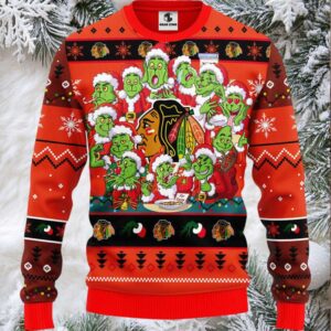 Chicago Blackhawks 12 Grinch Xmas Day Ugly Christmas Sweater, Grinch Xmas Sweater