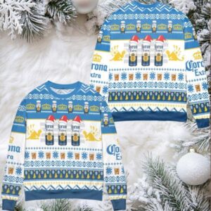 Corona Extra Beer Logo Christmas Pattern Ugly Christmas Sweater White Blue