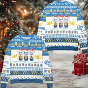 Corona Extra Beer Logo Christmas Pattern Ugly Christmas Sweater White Blue