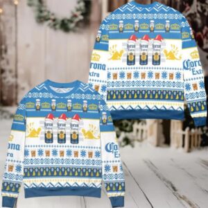 Corona Extra Beer Logo Christmas Pattern Ugly Christmas Sweater White Blue