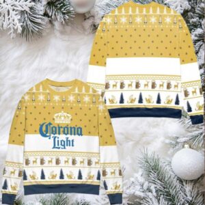 Corona Light Beer Snowflake Pattern Ugly Christmas Sweater White Yellow