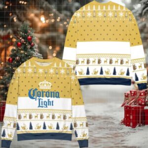 Corona Light Beer Snowflake Pattern Ugly Christmas Sweater White Yellow