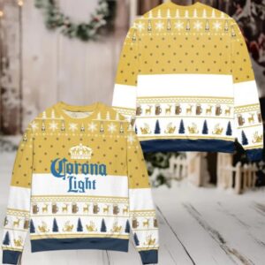 Corona Light Beer Snowflake Pattern Ugly Christmas Sweater White Yellow
