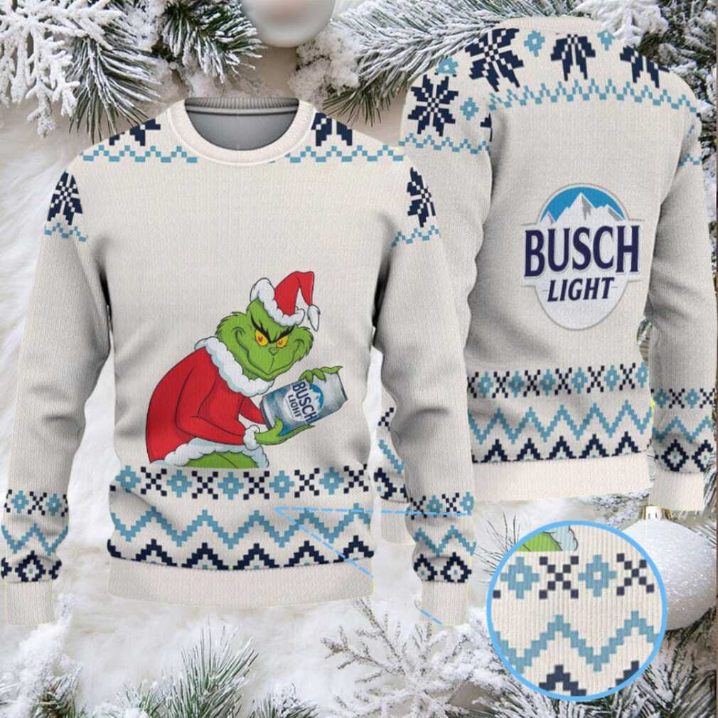 Cream & Blue Geometric Pattern “Busch Light Grinch Santa” Ugly Christmas Sweater