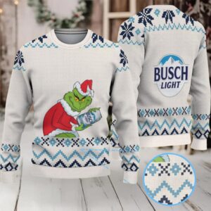 Cream & Blue Geometric Pattern “Busch Light Grinch Santa” Ugly Christmas Sweater
