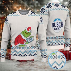 Cream & Blue Geometric Pattern “Busch Light Grinch Santa” Ugly Christmas Sweater