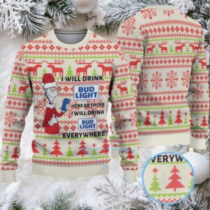 Cream Red and Green Reindeer Tree Pattern Dr. Seuss Bud Light Funny Ugly Christmas Sweater