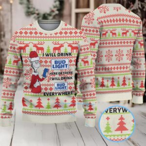 Cream Red and Green Reindeer Tree Pattern Dr. Seuss Bud Light Funny Ugly Christmas Sweater