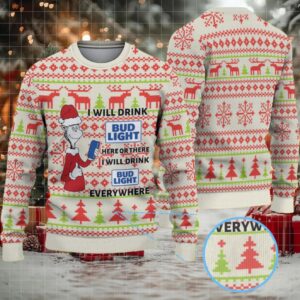 Cream Red and Green Reindeer Tree Pattern Dr. Seuss Bud Light Funny Ugly Christmas Sweater