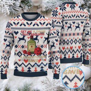Cream Red and Navy Blue Reindeer and Heart Pattern “Get Me a Drink That Requires a Constitution Save” Ugly Christmas Sweater Featuring Jameson Irish Whiskey